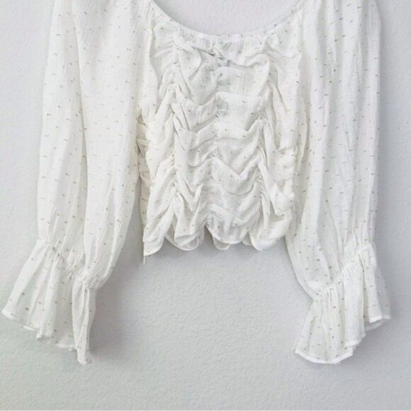New! ZARA Bohemian Peasant Balloon Sleeve Swiss Dot Ruched Cropped Blouse Top - Picture 5 of 9